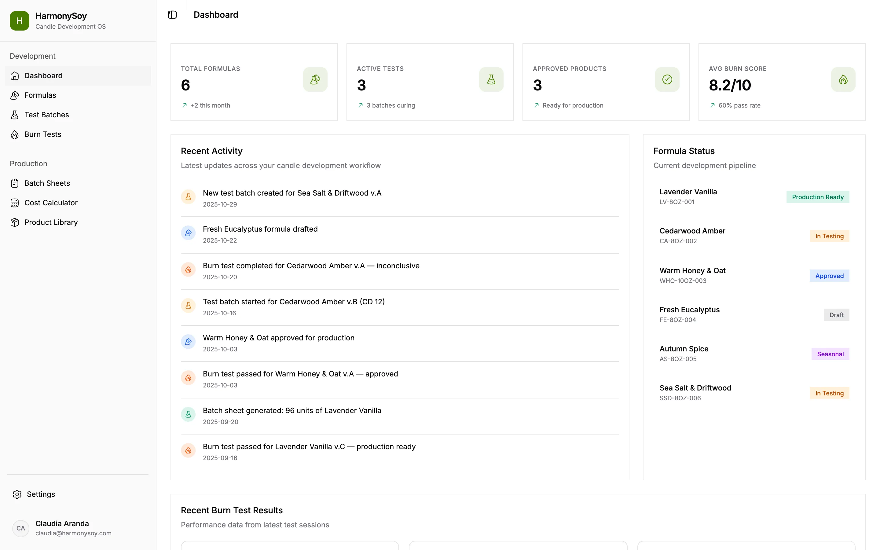 HarmonySoy Dashboard - Candle formula management platform